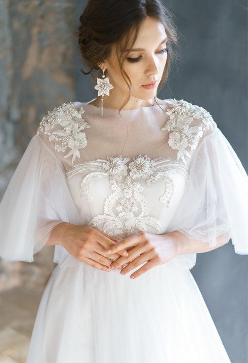 Pearl wedding dress with rich beautiful hand embroidery, lace, low back corset/ AVRELIA