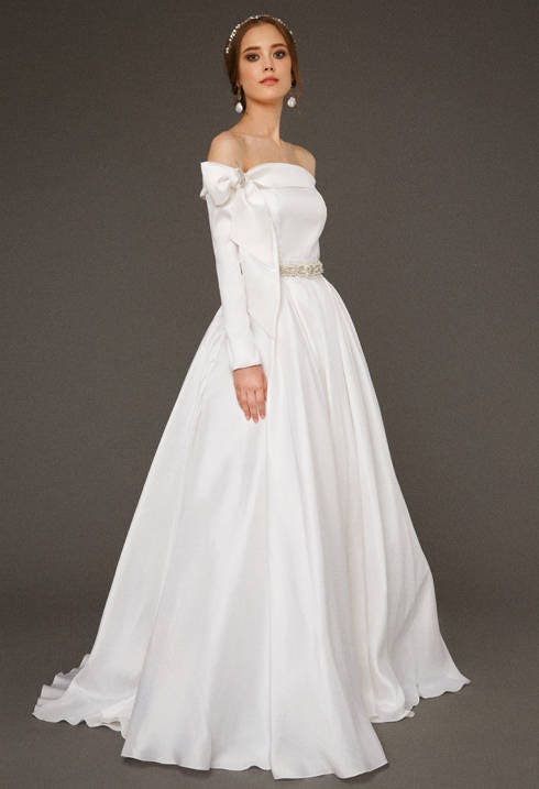 Blue wedding dress with open shoulders, winter  bridal gown /Adelphi