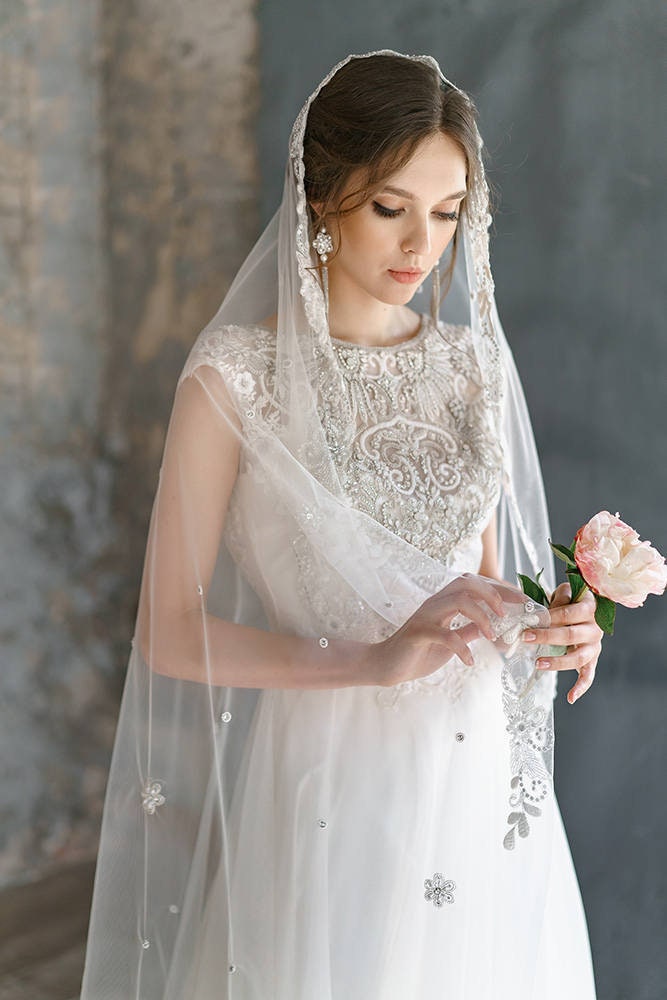 Embroidered wedding dress, delicate lace tulle,  handmade embroidery, natural silk/ ANIMAISA
