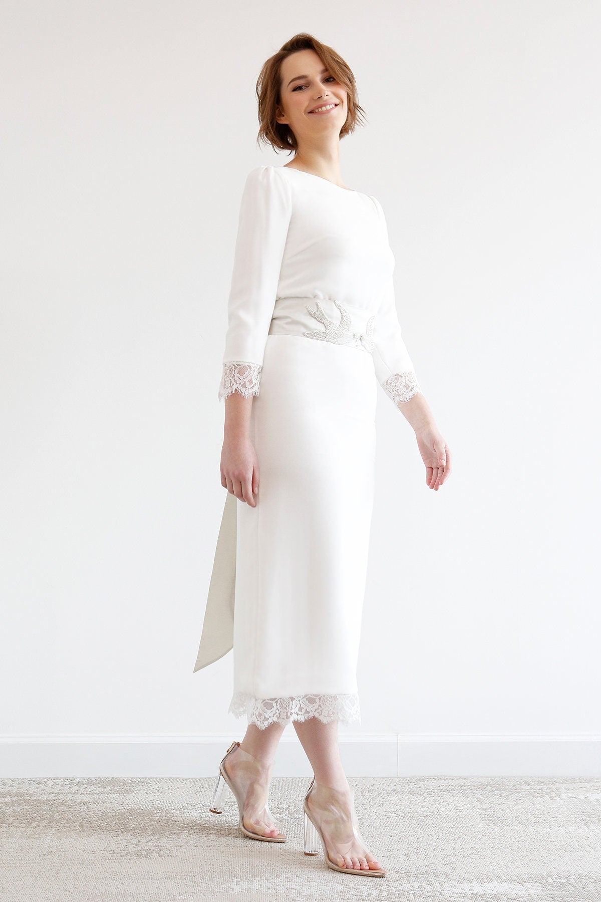 short wedding dress, long sleeve/ Lana